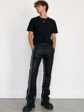 MNML Faux Leather Pants Black Gray Stripe Bootcut Slim Size 33